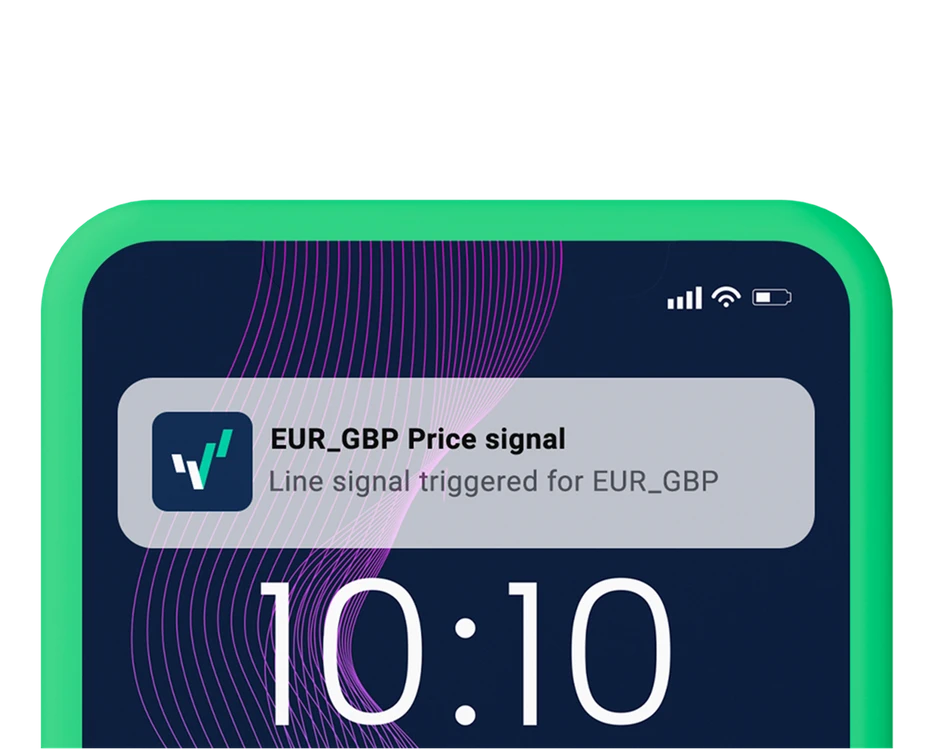 VEXI push notification card reading 'EUR_GBP Price signal - Line signal triggered for EUR_GBP' displayed at 10:10 on a smartphone lock screen with an abstract wavy purple line design layout.