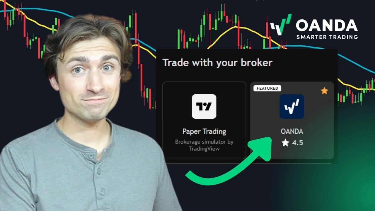 VEXI educational thumbnail showing a presenter next to a TradingView user interface titled 'Trade with your broker'. A green curved arrow points directly to the featured VEXI broker connection card, which sits alongside a 'Paper Trading' card over a can