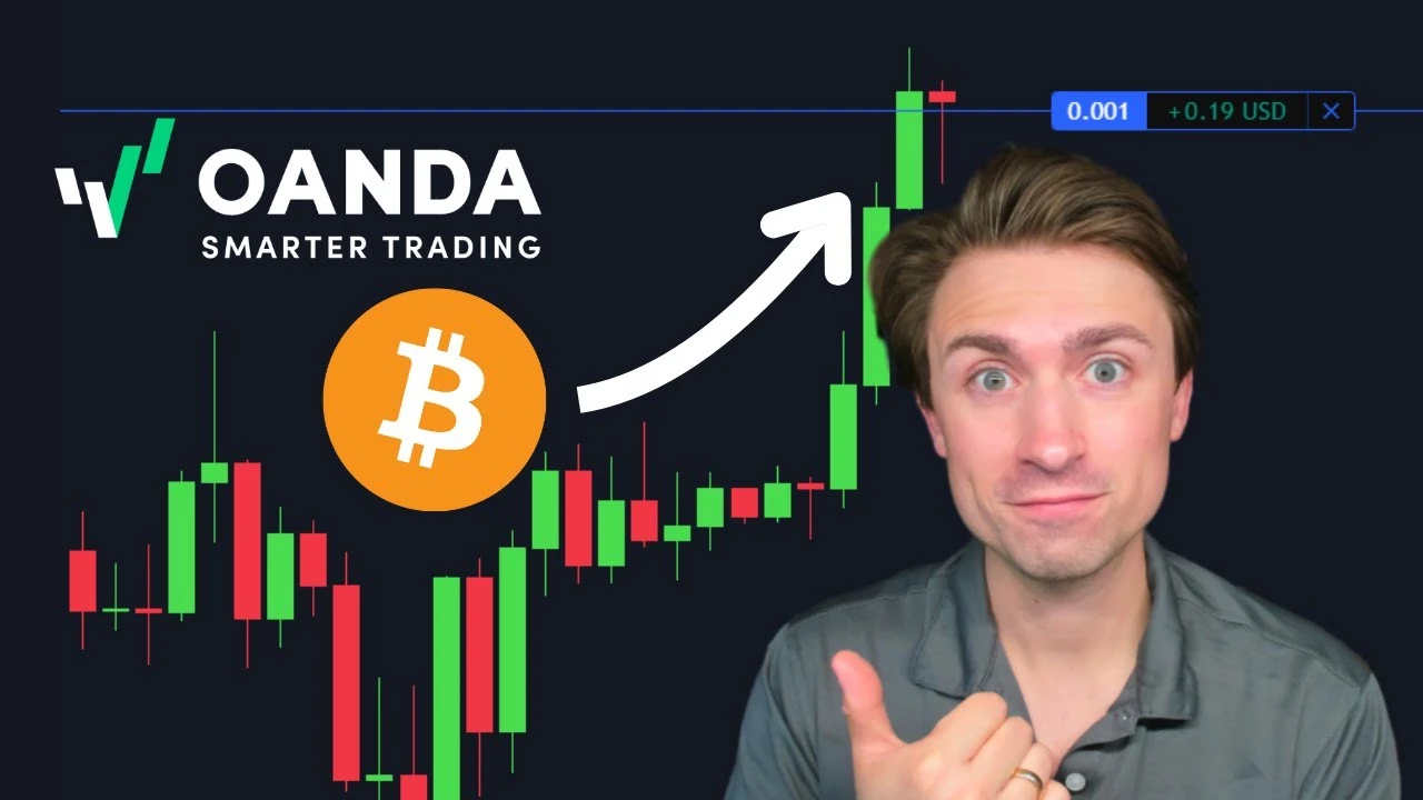 VEXI platform integration thumbnail featuring a presenter pointing his thumb next to a bright orange Bitcoin logo. A white directional arrow points up along a rising green and red candlestick chart toward a TradingView floating order execution window dis