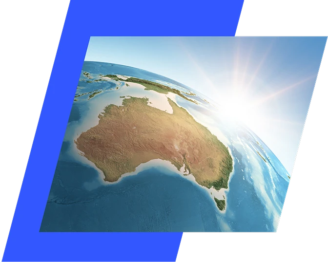 VEXI global market graphic showing a satellite view of planet Earth from space focusing on the Australian continent during a vibrant sunrise, framed within a sharp geometric layout with a bright blue accent stripe.