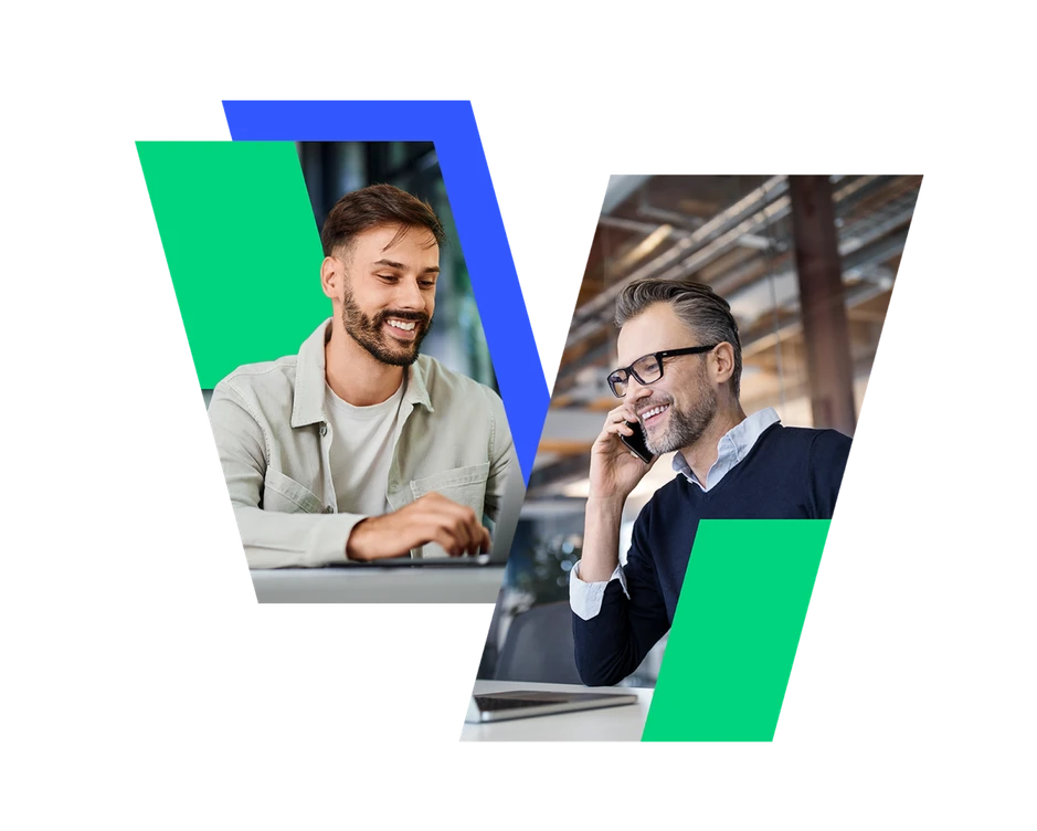 Graphic illustration against a black background featuring two men in stylized, overlapping geometric frames shaped like a "V". On the left, a smiling man with a beard types on a laptop. On the right, a smiling man with glasses talks on a smartphone. The f